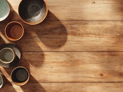 ai generated, wooden table, top view, empty space, menu background, rustic texture, natural light, realistic layout, cafe design, minimalist