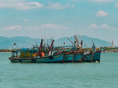 sea, ocean, nature, water, boat, mountains, landscape, blue, blue sky, sky, clouds, vietnam