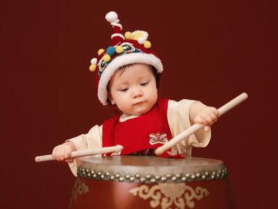 tet, baby, drum, traditional costume, chinese theme, asian child, red, cotton hat, kids, happiness, celebration, pom-pom, toddler, festival, numeric pattern, asian art, tower, culture, young, central