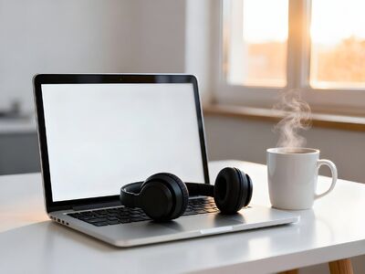 headphones, laptop, office, desk, coffee, cup, window, steam, morning, light, interior, modern, coffee cup, home, technology, remote work, minimalist, workspace, calm, morning coffee