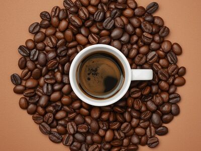 coffee, mug, bean, espresso, white mug, roasted beans, dark roast, caffeine, coffee break, hot beverage, black coffee, woody aroma, foam texture, simplicity, clean composition, elements, high angle view, minimalism, coffee cup, conceptual art, rustic style