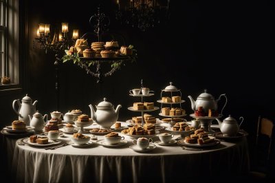 apple pie, afternoon tea, table setup, baked goods, apple crumble, iced coffee, dessert