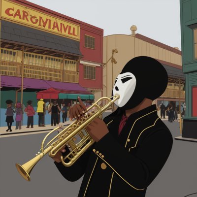 carnival, musician, trumpet, trombone, wooden mask, black coat, beard, fake mustache, costume, parade, region, traditional, public event, band, festival, colorful, face paint, outdoor event, vibrant festival
