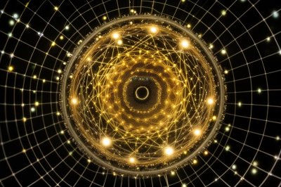 ai generated, quantum computing, entanglement, atom, science, energy, physics, gold, glowing, electrons, nucleus, particles, grid, technology, power, orbit, light, digital, scientific, research, quantum, dynamic, abstract
