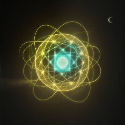 ai generated, quantum computing, entanglement, atom, science, energy, physics, gold, glowing, electrons, nucleus, particles, grid, technology, power, orbit, light, digital, scientific, research, quantum, dynamic, abstract