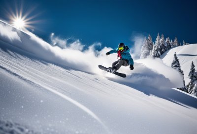 snowboarder, snowboarding, snow, mountain, winter, sport, action, extreme, downhill, ride, slope, white, speed, fun, cold, season, activity, recreation, outdoor, landscape, sky, blue, ai generated