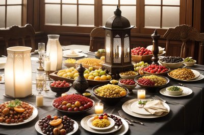 ramadan iftar, iftar food, iftar table, dates fruit, ajwa dates, water and dates, ramadan meal, halal food, arabic food, middle eastern food, biryani, kebab, samosa, pakora, lentil soup, harira soup, mint tea, arabic coffee, ai generated