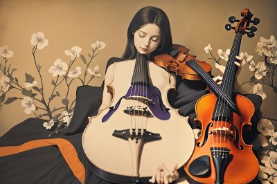 viola, violin, guitar, nature, music, violet, objects, instrument, song, sound, guitarist, acoustic, flor, flores, ai generated