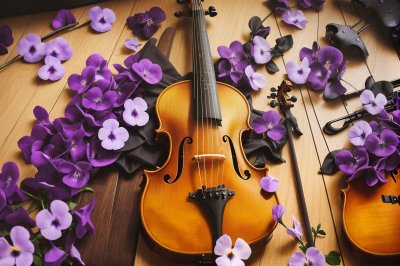 viola, violin, guitar, nature, music, violet, objects, instrument, song, sound, guitarist, acoustic, flor, flores, ai generated