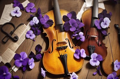 viola, violin, guitar, nature, music, violet, objects, instrument, song, sound, guitarist, acoustic, flor, flores, ai generated
