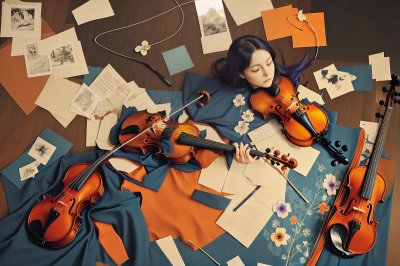 viola, violin, guitar, nature, music, violet, objects, instrument, song, sound, guitarist, acoustic, flor, flores, ai generated