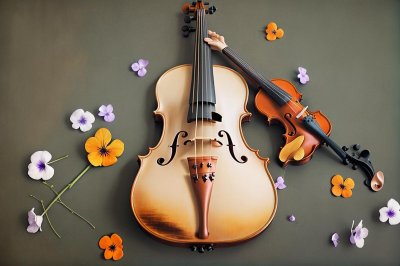 viola, violin, guitar, nature, music, violet, objects, instrument, song, sound, guitarist, acoustic, flor, flores, ai generated