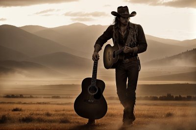 cowboy, western, music, guitar, backround, wild west, hat, ai generated