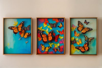 butterflies, artworks, painting, modern art, bright colors, abstract art, decorative art, red flowers, orange background, butterfly art, colorful pattern, various styles, home decor, spiritual themes, nature themes, wall art, red and orange, unique decoration, artistic frames