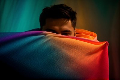 man, fabric, drape, light, colorful, portrait, abstract, skin, shoulder, back, male, person, blue, orange, yellow, texture, shadow, indoor, model, human, head, bald, pose, ai generated