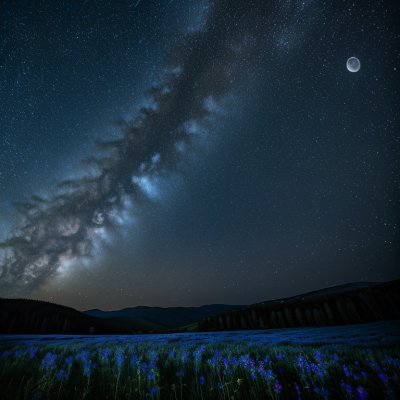 starry night, milky way, blue flowers, moon, landscape, shooting star, astronomy, nature, magical, night sky, cosmos, universe, meadow, twilight, beautiful, fantasy, space, celestial, scenic, dreamy, flora, astrology, starlight, ai generated