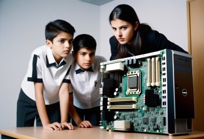 students, teacher, computer, motherboard, hardware, school, uniform, technology, education, classroom, electronics, learning, investigation, science, pc, peering, interior, curious, ai generated