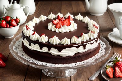 chocolate cake, whipped cream, strawberries, wooden table, dessert, lazy day, café, patisserie, flowers, nature, teacups, flower background, flower wallpaper, hot chocolate, festive, bread box label, beautiful flowers, chocolate shavings, sweet treat, sweet delight