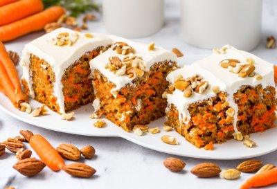 carrot cake, nuts, cream frosting, dessert, fresh, carrot, sweet, strawberries, food presentation, light gray background, portion, dessert plate, light snack, cafe snack, refreshment, three pieces, spring decoration, white chocolate