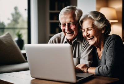 seniors, laptop, laughing, couple, home, technology, joy, connection, interior, bookshelf, sunlight, togetherness, digital, lifestyle, happiness, retirement, learning, cozy, interaction, discovery, ai generated