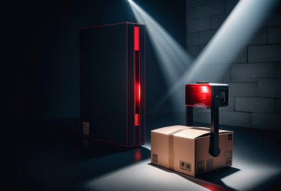 red scanner, laser, temple, package, cardboard box, logistics logistics, close-up, technology, consumers, shipping shipping, delivery, warehouse, automation, logging, identification, retail, supply chain, label, transparency, industry, digital, contractor, ai generated
