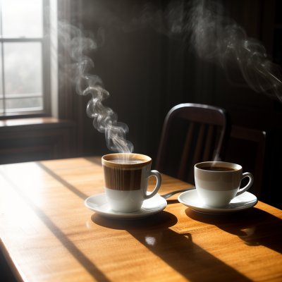coffee, breakfast, morning, cup, steam, hot, caffeine, table, sunlight, wood, lifestyle, cozy, drink, espresso, latte, aroma, relaxation, shadow, window, mug, interior, beverage, coffee cup, still life, minimalist, atmosphere, ai generated