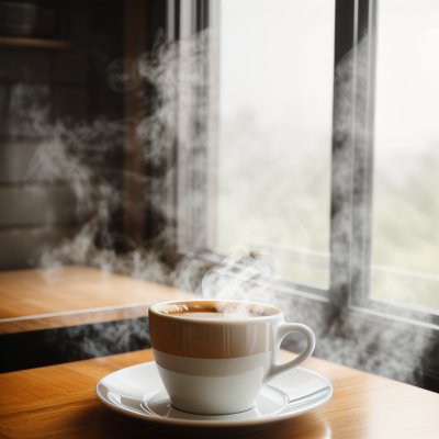 coffee, breakfast, coffee cup, morning, cup, steam, hot, caffeine, table, sunlight, wood, lifestyle, cozy, drink, espresso, latte, aroma, relaxation, shadow, window, mug, interior, beverage, still life, minimalist, atmosphere, ai generated