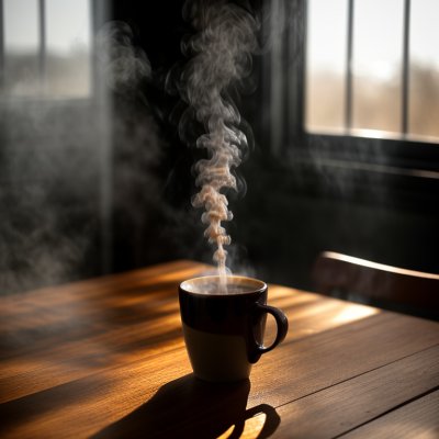 coffee, breakfast, morning, cup, steam, hot, caffeine, table, sunlight, wood, lifestyle, cozy, drink, espresso, latte, aroma, relaxation, shadow, window, mug, interior, beverage, still life, minimalist, coffee cup, atmosphere, ai generated