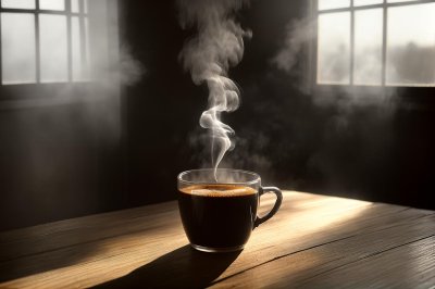 coffee, breakfast, morning, cup, steam, hot, caffeine, table, sunlight, wood, lifestyle, cozy, drink, espresso, latte, aroma, relaxation, shadow, window, mug, interior, beverage, still life, minimalist, coffee cup, atmosphere, ai generated