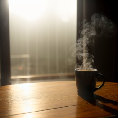 morning, table, coffee, breakfast, coffee cup, cup, steam, hot, caffeine, sunlight, wood, lifestyle, cozy, drink, espresso, latte, aroma, relaxation, shadow, window, mug, interior, beverage, still life, minimalist, atmosphere, ai generated