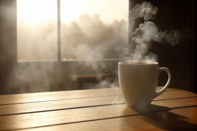 morning, table, coffee, breakfast, coffee cup, cup, steam, hot, caffeine, sunlight, wood, lifestyle, cozy, drink, espresso, latte, aroma, relaxation, shadow, window, mug, interior, beverage, still life, minimalist, atmosphere, ai generated