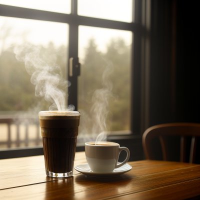 coffee, breakfast, morning, cup, steam, hot, caffeine, table, sunlight, wood, coffee cup, lifestyle, cozy, drink, espresso, latte, aroma, relaxation, shadow, window, mug, interior, beverage, still life, minimalist, atmosphere, ai generated