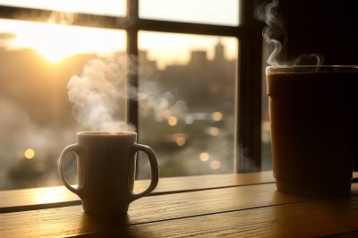 coffee, breakfast, morning, cup, steam, hot, caffeine, table, sunlight, wood, coffee cup, lifestyle, cozy, drink, espresso, latte, aroma, relaxation, shadow, window, mug, interior, beverage, still life, minimalist, atmosphere, ai generated