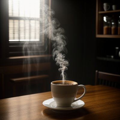 coffee, breakfast, morning, cup, steam, hot, caffeine, table, sunlight, wood, lifestyle, cozy, drink, espresso, latte, aroma, relaxation, shadow, window, mug, interior, beverage, still life, minimalist, atmosphere, ai generated