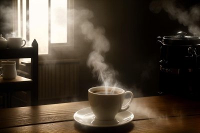 coffee, breakfast, morning, cup, steam, hot, caffeine, table, sunlight, wood, lifestyle, cozy, drink, espresso, latte, aroma, relaxation, shadow, window, mug, interior, beverage, still life, minimalist, atmosphere, ai generated