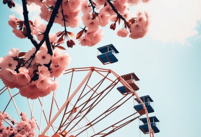 ferris wheel, pink blossoms, spring, sunny day, amusement park, detail, blue sky, cabin, tourist attraction, architecture, cute, white color, nature, sharpness, composition, color contrast, whimsical, bright colors, artistic, outdoor