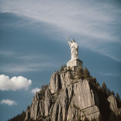 statue, christianity, christ, religion, mountain, sky, clouds, stone, fortress, monument, architecture, art, tourist attraction, view, blue sky, panorama, world heritage, tourism, rock cliff, spirituality