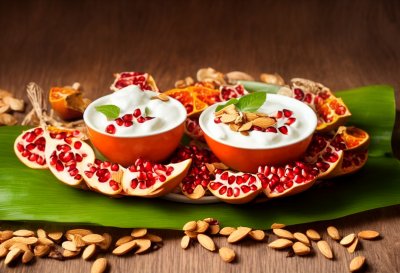 bowl, yogurt, pomegranate, almonds, banana leaf, clay pot, dates, sunlight, wooden table, healthy food, breakfast, fresh, natural, dessert, traditional cooking, casual, outdoors, summer food, yogurt dessert, ai generated