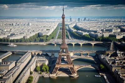 eiffel tower, paris, france, aerial view, seine river, champ de mars, trocadéro, cityscape, landmark, architecture, urban, tourism, travel, iron structure, park, gardens, bridges, summer, blue sky, panorama, ai generated