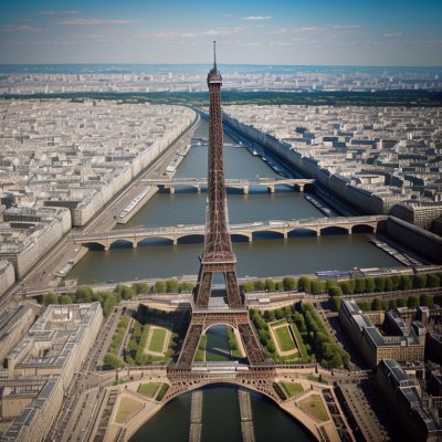 eiffel tower, paris, france, aerial view, seine river, champ de mars, trocadéro, cityscape, landmark, architecture, urban, tourism, travel, iron structure, park, gardens, bridges, summer, blue sky, panorama, ai generated