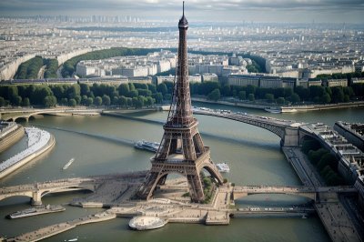 eiffel tower, paris, france, aerial view, seine river, champ de mars, trocadéro, cityscape, landmark, architecture, urban, tourism, travel, iron structure, park, gardens, bridges, summer, blue sky, panorama, ai generated