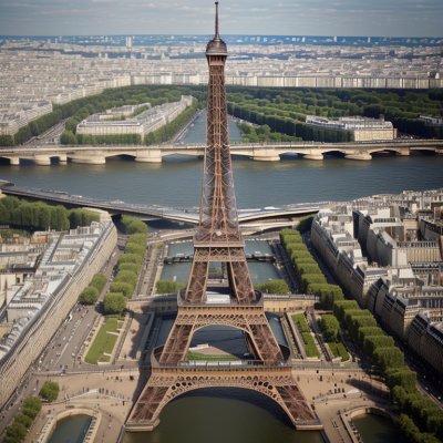 eiffel tower, paris, france, aerial view, seine river, champ de mars, trocadéro, cityscape, landmark, architecture, urban, tourism, travel, iron structure, park, gardens, bridges, summer, blue sky, panorama, ai generated