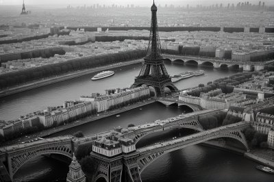 eiffel tower, paris, france, aerial view, seine river, champ de mars, trocadéro, nature, cityscape, landmark, architecture, urban, tourism, travel, iron structure, park, gardens, bridges, summer, blue sky, panorama, ai generated