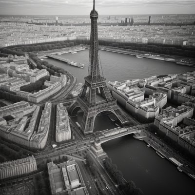 eiffel tower, paris, france, aerial view, seine river, champ de mars, trocadéro, nature, cityscape, landmark, architecture, urban, tourism, travel, iron structure, park, gardens, bridges, summer, blue sky, panorama, ai generated