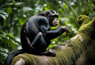 chimpanzee, monkey, primate, jungle, forest, nature, animal, wild animals, selfie, smartphone, technology, funny, smart, intelligent, pose, tree trunk, moss, green, tropical, humour, ai generated
