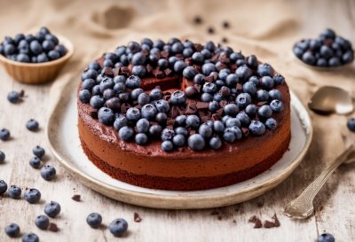 chocolate cake, blueberries, chocolate chunks, dessert, white plate, grater, spoon, brown sugar, fresh fruit, sweet, homemade, baking, texture, wooden table, gourmet, detail, baked goods, festive, decorated, rustic