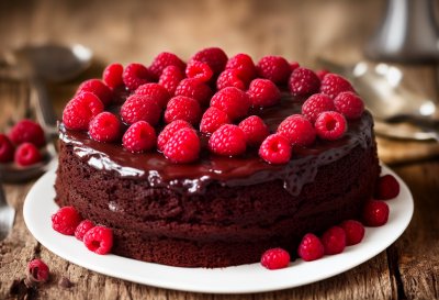 chocolate cake, raspberries, chocolate glaze, celebration, sweet, homemade, happy birthday, baking, fresh fruit, dessert, chocolate shavings, wooden table, culinary art, delicious desserts, festive meal, decoration, cream, juicy, milk bottle