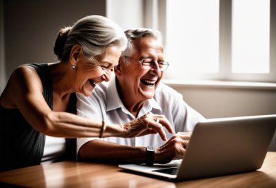 seniors, couple, laptop, technology, laughing, togetherness, home, internet, browsing, digital, retirement, happy, pointing, connection, lifestyle, silver, discovery, love, indoor, communication, ai generated