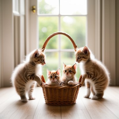 kittens, easter eggs, basket, spring, cute, natural light, home, celebration, toys, interior, cat, colorful, festive, animals, play, entertainment, child, young, joyful, curious, ai generated