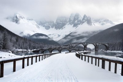 mountains, nature, alpine, snow, winter, frozen, bridge, architecture, rural, path, scenic, view, relaxing, travel, leisure, valley, mist, wooden, photography, tourist destination